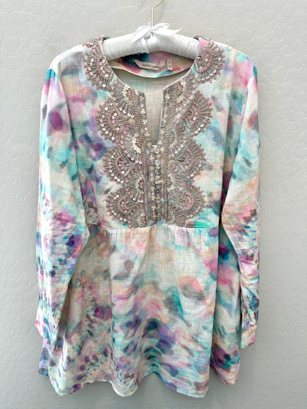SOFT SURROUNDINGS Embellished Pastel Tie Dye Beaded Boho Tunic Top Large
